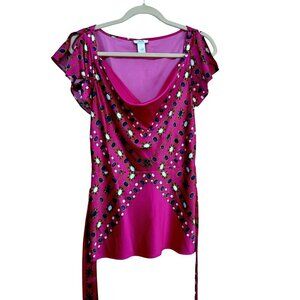 Cache Pullover Drape Neck Belted Magenta Print Tunic Top Flutter Sleeve Sz S